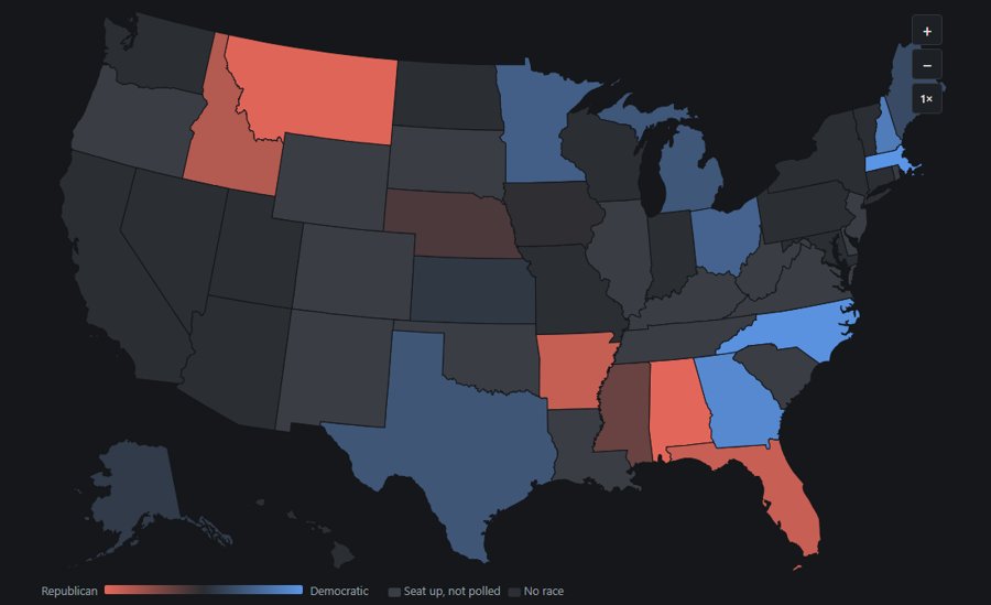 Senate forecast map, states shaded by chance of winning