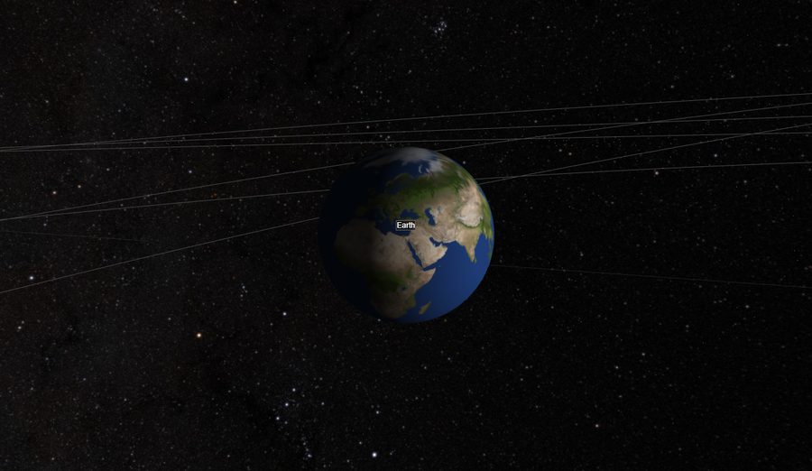 Earth in Orrery's True Scale mode, showing continents and cloud cover in daylight