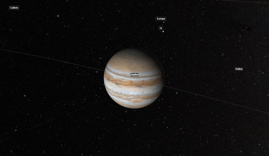 Jupiter in Orrery, showing its bands and Great Red Spot with moons Io, Europa, and Callisto