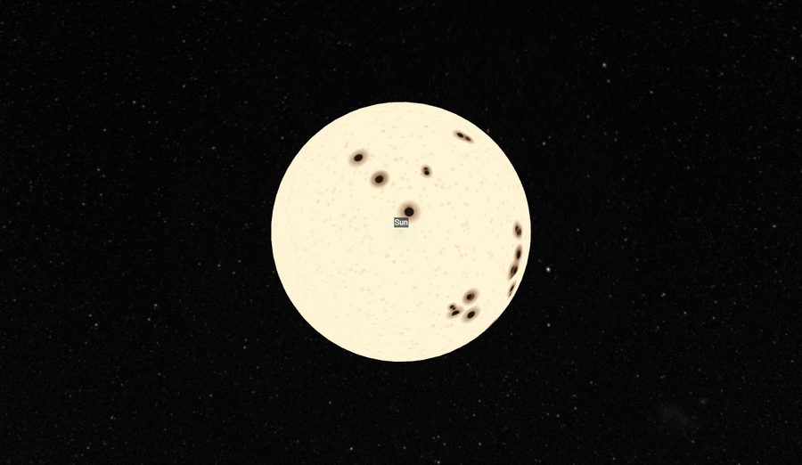 The Sun in Orrery's True Scale mode, showing rendered sunspots